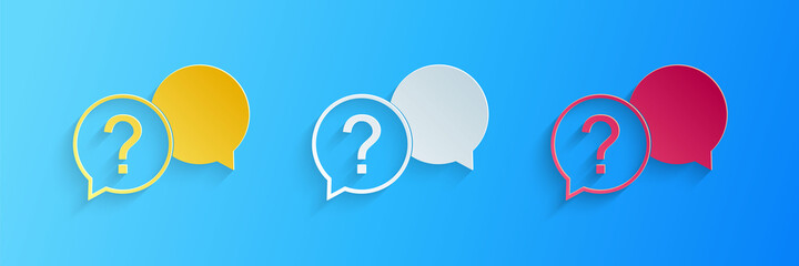 Fototapete - Paper cut Chat question icon isolated on blue background. Help speech bubble symbol. FAQ sign. Question mark sign. Paper art style. Vector.