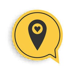 Fototapete - Black Map pointer with heart icon isolated on white background. Valentines day. Love location. Romantic map pin. Yellow speech bubble symbol. Vector.