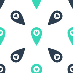 Poster - Green Map pointer with heart icon isolated seamless pattern on white background. Valentines day. Love location. Romantic map pin. Vector.