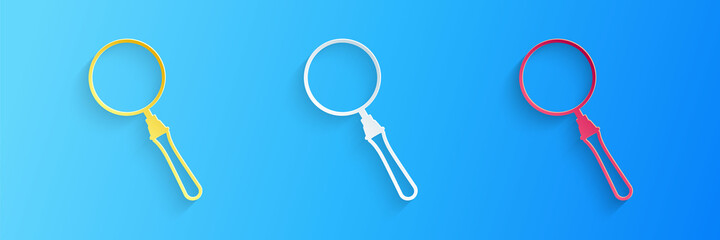 Poster - Paper cut Magnifying glass icon isolated on blue background. Search, focus, zoom, business symbol. Paper art style. Vector.