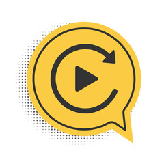 Poster - Black Video play button like simple replay icon isolated on white background. Yellow speech bubble symbol. Vector.