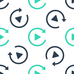 Poster - Green Video play button like simple replay icon isolated seamless pattern on white background. Vector.