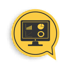 Poster - Black Computer monitor with graph chart icon isolated on white background. Report text file icon. Accounting sign. Audit, analysis, planning. Yellow speech bubble symbol. Vector.