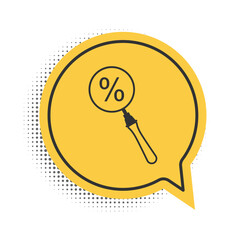 Poster - Black Magnifying glass with percent discount icon isolated on white background. Discount offers searching. Search for discount sale sign. Yellow speech bubble symbol. Vector.