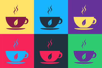 Wall Mural - Pop art Cup of tea and leaf icon isolated on color background. Vector.