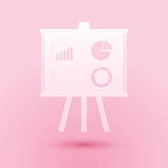 Poster - Paper cut Presentation financial business board with graph, chart, diagram, pie graph icon isolated on pink background. Infographic board sign. Paper art style. Vector.