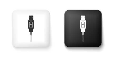 Poster - Black and white USB cable cord icon isolated on white background. Connectors and sockets for PC and mobile devices. Smartphone recharge supply. Square button. Vector.
