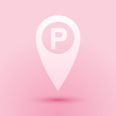 Fototapete - paper cut map pointer with car parking icon isolated on pink background. paper art style. vector.