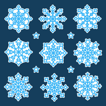A set of blue snowflakes with a white outline on a blue background, snowflakes stickers .