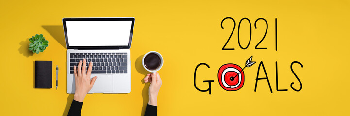 Poster - 2021 goals concept with person using a laptop computer