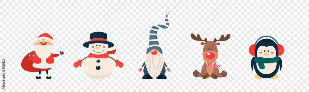 Vector Christmas Cute Characters and Animals Icon Set Isolated. Santa Claus, Snowman, Reindeer, Gnome, Penguin in Cartoon Flat Style. Design Template for Merry Christmas and Happy New Year Card - obrazy, fototapety, plakaty 