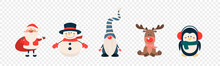 Vector Christmas Cute Characters And Animals Icon Set Isolated. Santa Claus, Snowman, Reindeer, Gnome, Penguin In Cartoon Flat Style. Design Template For Merry Christmas And Happy New Year Card