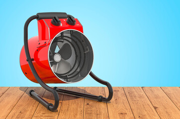 Poster - industrial fan heater on the wooden planks, 3d rendering
