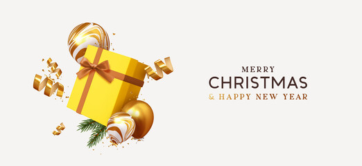 Merry Christmas and Happy New Year. Xmas design realistic yellow gifts box, falling helium balloon, 3d golden confetti. Holiday gift background. Banner, poster, header for website. vector illustration