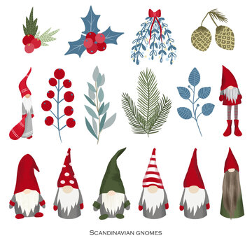Illustration of scandinavian trolls and winter plants, hand drawn isolated on a white background, Christmas gnomes set