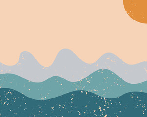 Aufkleber - Modern abstract aesthetic background with sun and geometric waves. Wall decor in boho style. Mid century minimalist art print. Vector design