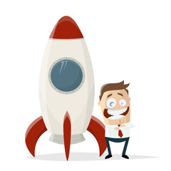 happy cartoon businessman standing in front of a space rocket