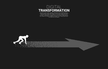 Wall Mural - Silhouette of businessman in ready position on the arrow from pixel. concept of digital transformation of business.