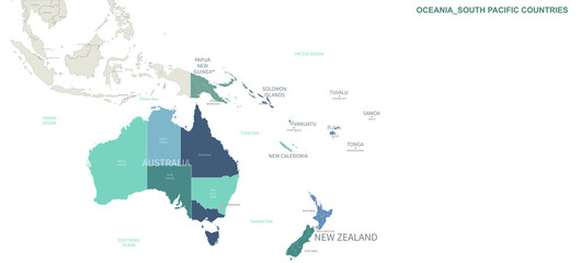 Wall Mural - oceania countries map. detailed world map vector with country,capital,city names.