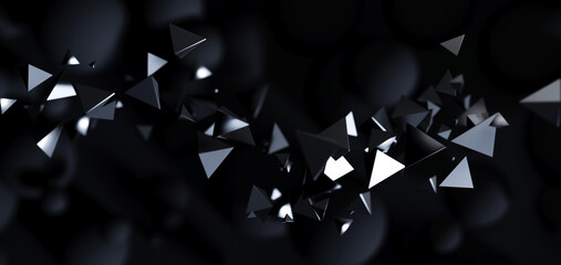 Wall Mural - abstract particles 3d black background. flying polygonal spheres in dark space. futuristic design. p