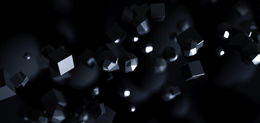 Wall Mural - abstract particles 3d black background. flying polygonal spheres in dark space. futuristic design. p