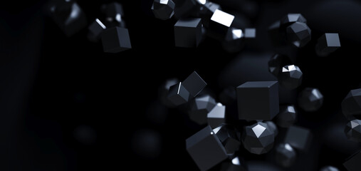 Wall Mural - abstract particles 3d black background. flying polygonal spheres in dark space. futuristic design. p
