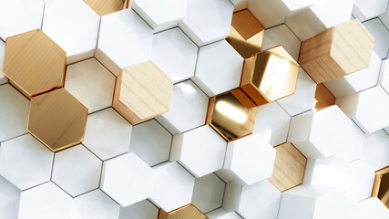 Wall Mural - abstract white luxury background with golden hexagons. 3d rendering.