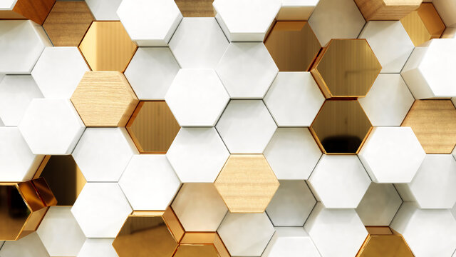 Abstract white luxury background with golden hexagons. 3d rendering.