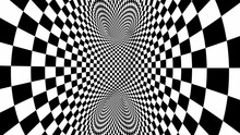 4k Seamless Loop. Chess Illusion Geometric Kaleidoscope. Wormhole Room. Black And White Optical Illusion Tunnel. Checkerboard Moving.