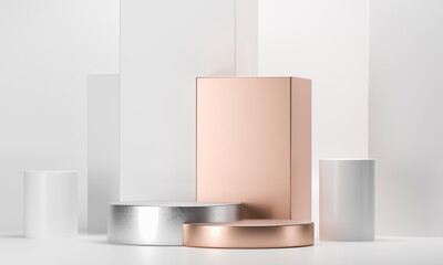 Fototapete - 3D rendering round podium geometry with gold elements. Abstract geometric shape blank podium. Scene for product presentation. Empty showcase, pedestal platform display
