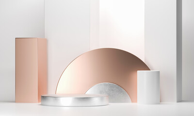 Fototapete - 3D rendering round podium geometry with gold elements. Abstract geometric shape blank podium. Scene for product presentation. Empty showcase, pedestal platform display