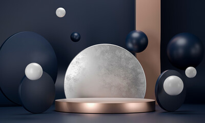 Fototapete - 3D rendering round podium geometry with gold elements. Abstract geometric shape blank dark blue podium. Scene for product presentation. Empty showcase, pedestal platform display