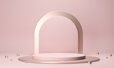 Fototapete - 3D rendering round podium geometry with gold elements. Abstract geometric shape blank pastel podium. Scene for product presentation. Empty showcase, pedestal platform display.