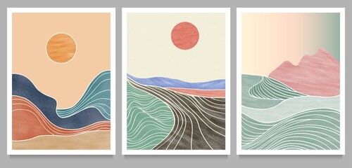 set of creative minimalist hand painted illustrations of Mid century modern. Natural abstract landscape background. mountain, forest, sea, sky, sun and river