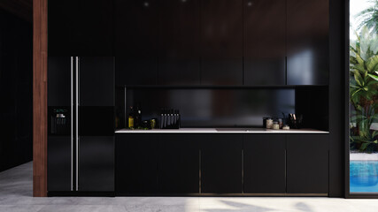 Modern black kitchen front view, 3D Illustration