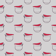 Sticker - Red yogurt in a cup , seamless pattern on a grey background.