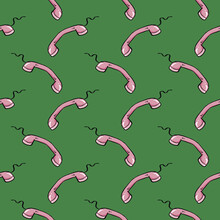 Pink Wired Telephone , Seamless Pattern On A Green Background.