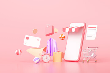 Poster - 3D Online shopping on smartphone concept, floating shopping items, online buying, and online payment