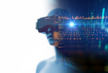 3d rendering of virtual human in VR headset on futuristic technology background