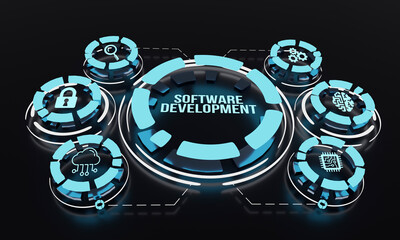 internet, business, technology and network concept. inscription software development on the virtual 