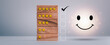 © Looker_Studio - feedback rating and positive customer review experience, service and Satisfaction, wood block with 1 to 5 star icon to give satisfaction in service. rating very impressed. Mental Health Assessment.