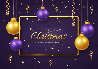 Christmas background with hanging shining golden and purple balls and gold metallic frame. Merry christmas greeting card. Holiday Xmas and New Year poster, cover, banner. Vector Illustration.