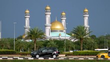 Traffic In Front Of Brunei Mosque At Roundabout