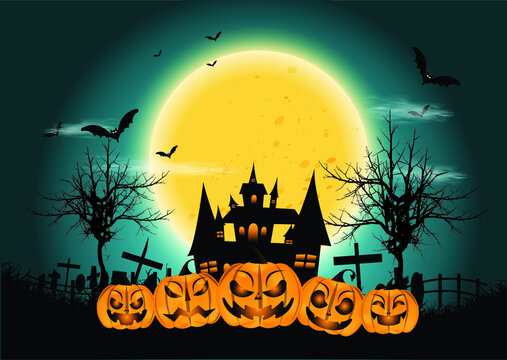 Happy Halloween Horror night - Head Pumpkins - modern design Idea and Concept Vector illustration Infographic template with Castle,tree,grass,moon,Graves.