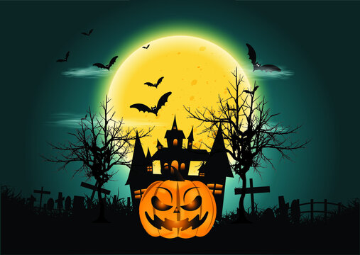 Happy Halloween Horror night - Head Pumpkins - modern design Idea and Concept Vector illustration Infographic template with Castle,tree,grass,moon,Graves.