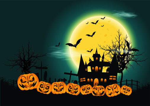 Happy Halloween Horror night - Head Pumpkins - modern design Idea and Concept Vector illustration Infographic template with Castle,tree,grass,moon,Graves.