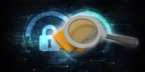 Poster - laptop folder and magnify glass 3d illustration