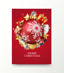 Wall Mural - Merry christmas and happy new year banner with red and gold balls and confetti