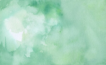 Green Watercolor Background Painting On Paper Texture, Pastel Blue Green Colors In Blotches And Paint Bleed Design