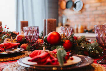 table set and decorated for Christmas dinner